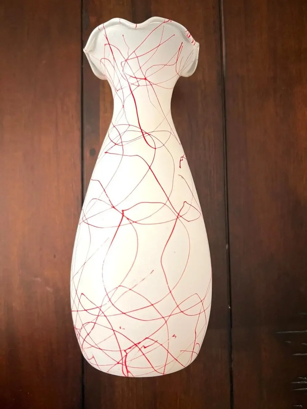 Vintage Hazel Atlas White Frosted Glass Vase, Red Spaghetti String Design, 1950s